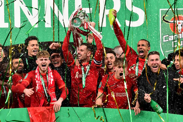 Liverpool celebrate their Carabao Cup triumph. Picture: Andrew Powell/Liverpool FC via Getty Images