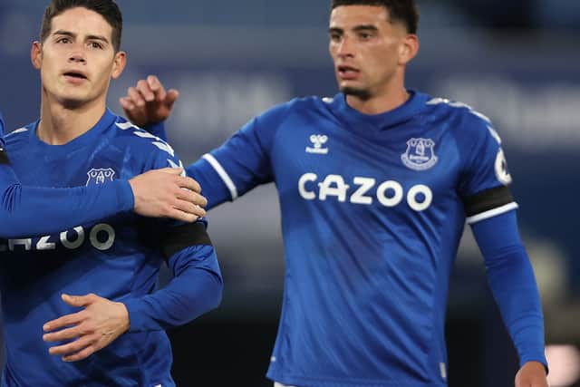 James Rodriguez and Ben Godfrey celebrate for Everton last season. Picture: Clive Brunskill/Getty Images