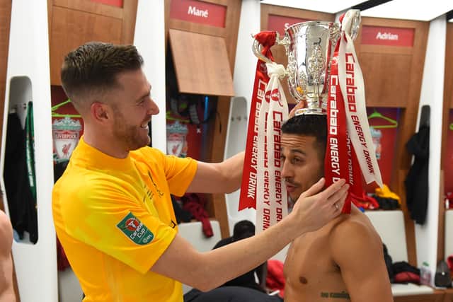 Adrian and Thiago Alcantara in the Liverpool dressing room after the Carabao Cup triumph at Wembley. Picture: Andrew Powell/Liverpool FC via Getty Images
