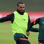 Liverpool duo Joel Matip and Thiago Alcantara during training. Picture: Andrew Powell/Liverpool FC via Getty Images