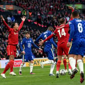 Penalty Claim From Virgil van Dijk of Liverpool during the Carabao Cup Final match between Chelsea and Liverpool at Wembley Stadium on February 27, 2022 in London, England