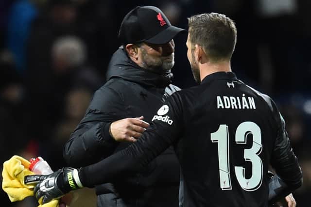 Liverpool manager Jurgen Klopp and goalkeeper Adrian. Picture: Andrew Powell/Liverpool FC via Getty Images