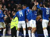 Everton celebrate during their FA Cup fourth-round defeat of Brentford. Picture: Clive Brunskill/Getty Images