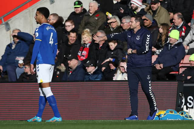 Mason Holgate and Everton boss Frank Lampard. Picture: Steve Bardens/Getty Images