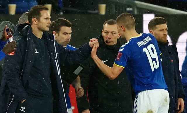 Vitaliy Mykolenko comes off during Everton’s defeat of Boreham Wood. Picture: Clive Brunskill/Getty Images