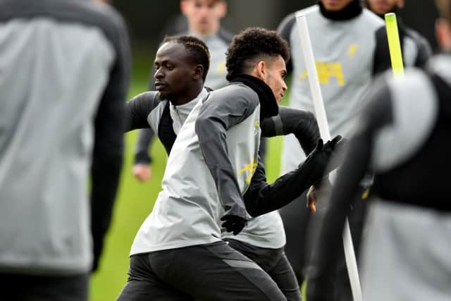 Sadio Mane and Luis Diaz during Liverpool training. Picture: Andrew Powell/Liverpool FC via Getty Images