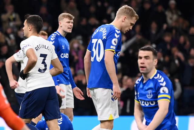Everton are dejected after conceding a fourth goal in their thrashing at Tottenham. Picture: Mike Hewitt/Getty Images