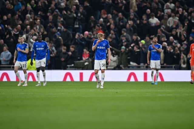 Everton dejected after conceding against Tottenham. Picture: BEN STANSALL/AFP via Getty Images