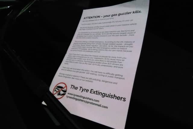 Message left on windscreens of SUVs targeted by The Tyre Extinguishers