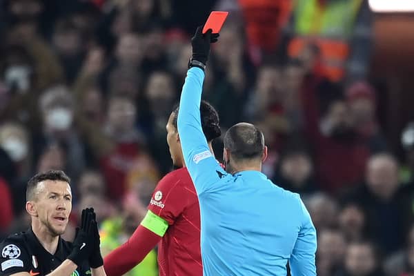 Alexis Sanchez is given a red card during Inter Milan’s Champions League clash with Liverpool. Picture:  Michael Regan/Getty Images