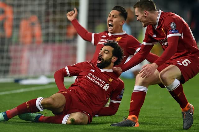 Mo Salah celebrates after scoring in Liverpool’s Champions League deefat of Man City in 2018. Picture: Andrew Powell/Liverpool FC via Getty Images