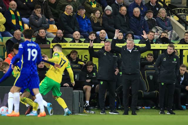Dean Smith reacts during Norwich’s loss to Chelsea. Picture: Stephen Pond/Getty Images