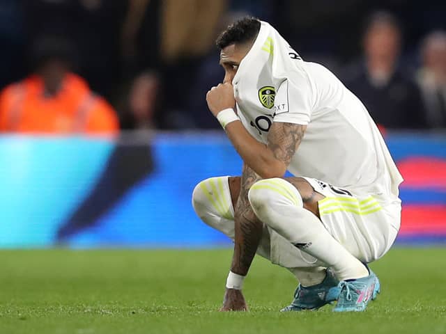 Raphinha dejected during Leeds United’s defeat to Aston Villa. Picture: George Wood/Getty Images