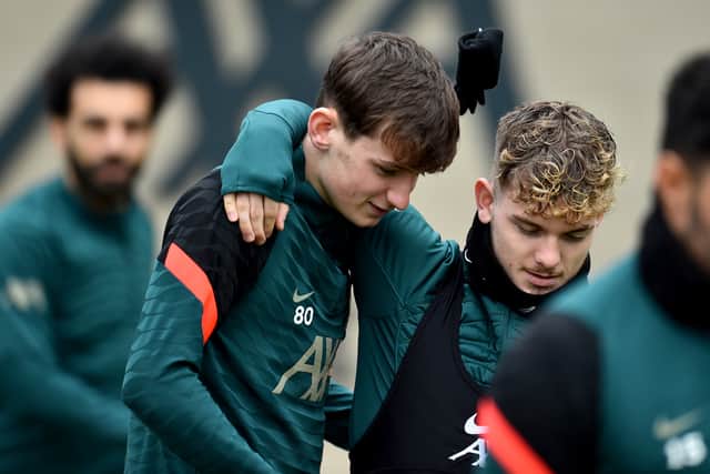 Liverpool youngsters Tyler Morton and Harvey Elliott. Picture: Andrew Powell/Liverpool FC via Getty Images