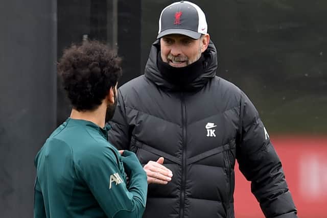 Mo Salah and Jurgen Klopp in conversation. Picture: Andrew Powell/Liverpool FC via Getty Images