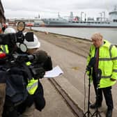 Boris Johnson holds a news conference at the Cammell Laird shipyard. Photo: PHIL NOBLE/POOL/AFP via Getty Images