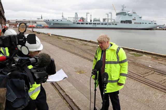 Boris Johnson holds a news conference at the Cammell Laird shipyard. Photo: PHIL NOBLE/POOL/AFP via Getty Images