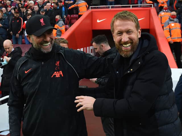 Liverpool manager Jurgen Klopp and Brighton boss Graham Potter. Picture: Andrew Powell/Liverpool FC via Getty Images