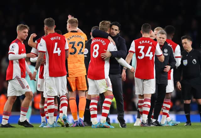 Arsenal celebrate their victory over Leicester. Picture: Catherine Ivill/Getty Images