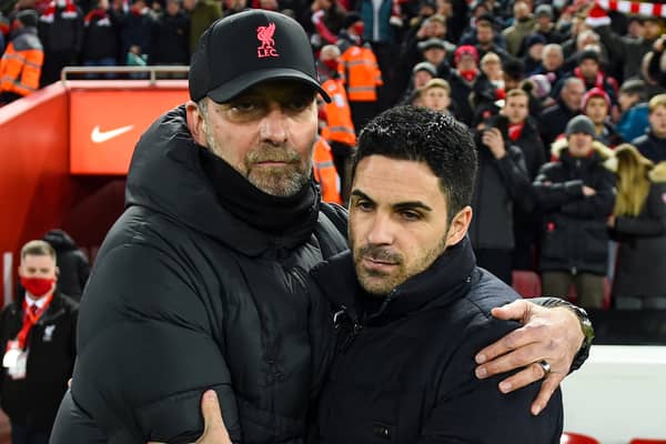 Liverpool boss Jurgen Klopp and Arsenal manager Mikel Arteta. Picture: Andrew Powell/Liverpool FC via Getty Images