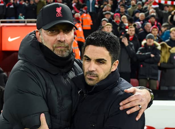 <p>Liverpool boss Jurgen Klopp and Arsenal manager Mikel Arteta. Picture: Andrew Powell/Liverpool FC via Getty Images</p>