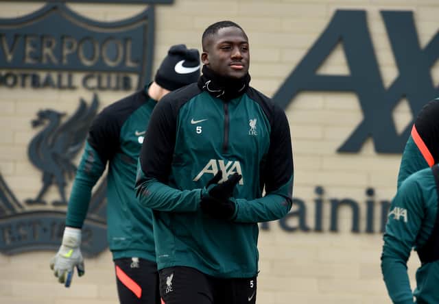 Ibrahima Konate is back in Liverpool training. Picture: Andrew Powell/Liverpool FC via Getty Images