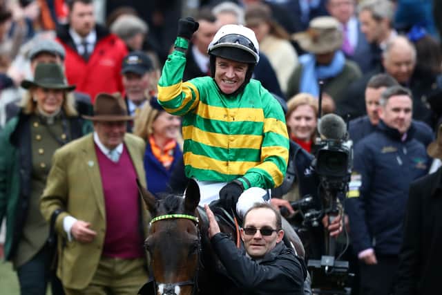 Epatante ridden by Barry Geraghty celebrate winning the Unibet Champion Hurdle Challenge Trophy (Grade 1) at Cheltenham Racecourse on March 10, 2020 in Cheltenham, England. (Photo by Michael Steele/Getty Images)