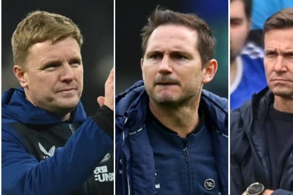 From left: Newcastle boss Eddie Howe, Everton manager Frank Lampard and Leeds chief Jesse Marsch. Pictures: Getty Images