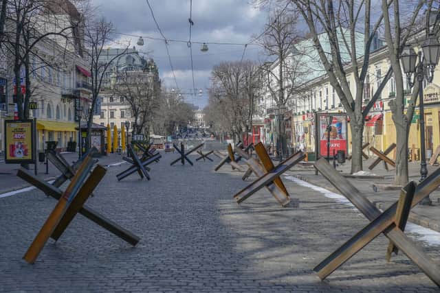 Anti-tank obstacles displayed in a street of Odessa taken on March 13, 2022 . Photo: Bulent Kilic/ AFP via Getty Images.