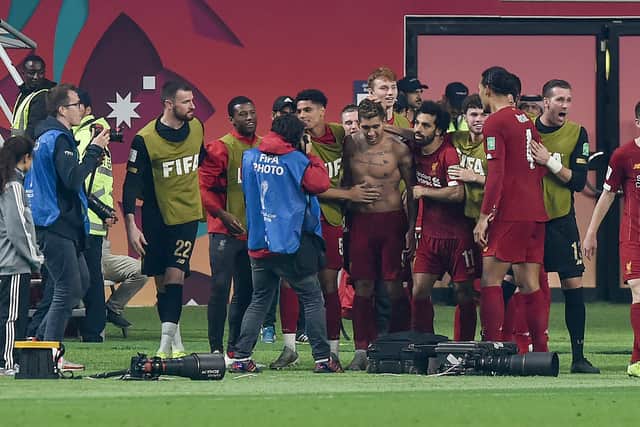 Liverpool celebrate Roberto Firmino’s goal in the 2020 Club World Cup final. Picture:  John Powell/Liverpool FC via Getty Images