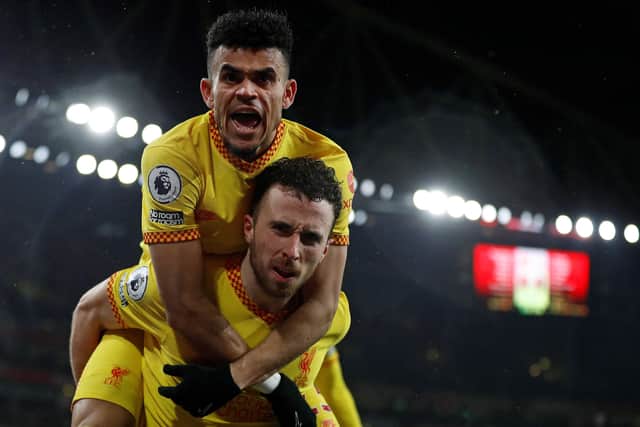 Diogo Jota celebrates scoring for Liverpool at Arsenal with Luis Diaz. Picture:  IAN KINGTON/IKIMAGES/AFP via Getty Images