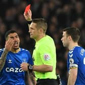 Allan is given a red card in Everton’s victory over Newcastle. Picture: ANTHONY DEVLIN/AFP via Getty Images