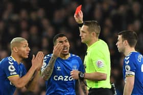 Allan is given a red card in Everton’s victory over Newcastle. Picture: ANTHONY DEVLIN/AFP via Getty Images