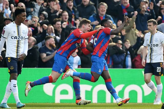 Marc Guehi celebrates after giving Crystal Palace the lead against Everton. Picture: Tom Dulat/Getty Images