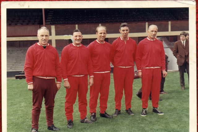 Bill Shankly poses with his coaching staff known as “Liverpool Boot Room” Bob Paisley, Ronnie Moran, Joe Fagan and Reuben Bennett.
