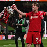 Kostas Tsimikas celebrates Liverpool’s Carabao Cup triumph at Wembley. Picture: GLYN KIRK/AFP via Getty Images
