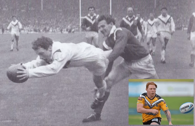 Young Alex Bishop (insert) and grandad Tommy Bishop scoring a try for Saints in the 1960s