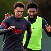 Trent Alexander-Arnold and Joe Gomez during Liverpool training. Picture: Andrew Powell/Liverpool FC via Getty Images
