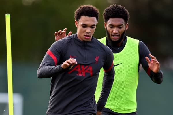 Trent Alexander-Arnold and Joe Gomez during Liverpool training. Picture: Andrew Powell/Liverpool FC via Getty Images