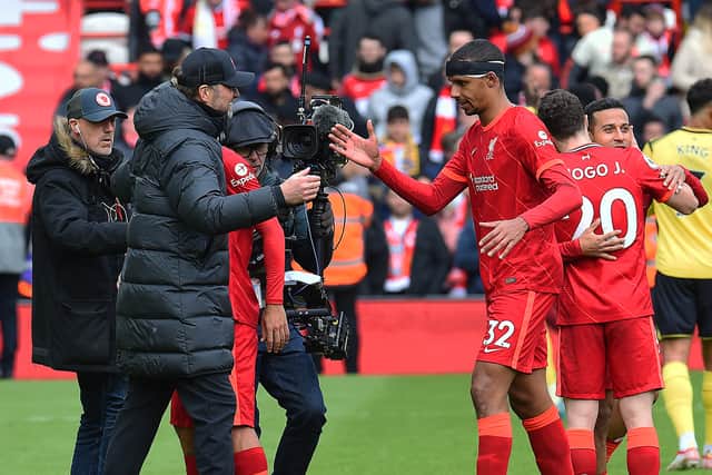 Jurgen Klopp embraces Joel Matip after Liverpool’s 2-0 win over Watford. Picture: John Powell/Liverpool FC via Getty Images