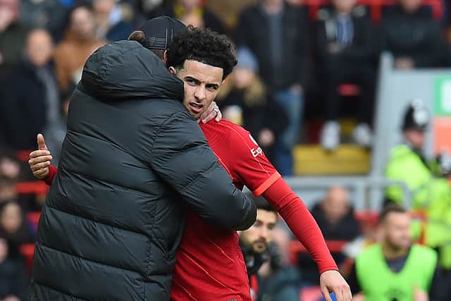 Jurgen Klopp embraces Curtis Jones after he’s substituted during Liverpool’s defeat of Watford. Picture: John Powell/Liverpool FC via Getty Images