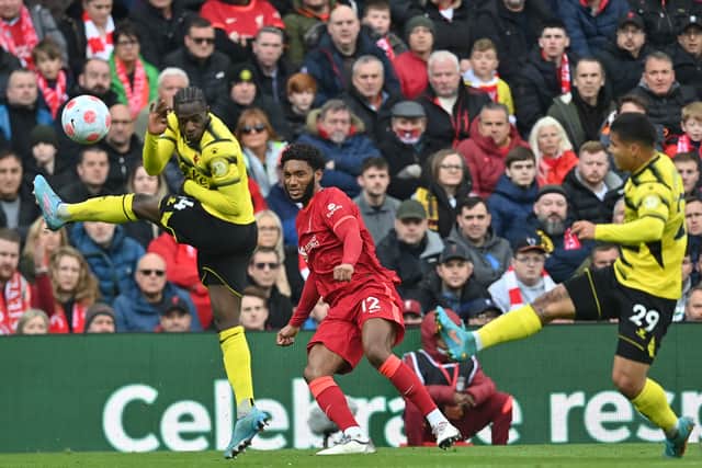 Joe Gomez whips in a cross for Diogo Jota’s goal in Liverpool’s defeat of Watford. Picture: PAUL ELLIS/AFP via Getty Images