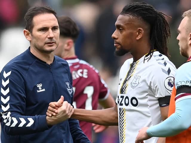 Everton boss Frank Lampard and Alex Iwobi after the loss at West Ham. Picture: BEN STANSALL/AFP via Getty Images