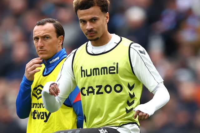 Dele Alli warms up during Everton’s loss to West Ham. Picture: Julian Finney/Getty Images