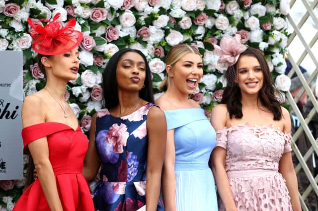 Olivia Buckland, (Second Right) Helen Flanagan (Rright) and other racegoers attend Ladies Day at Aintree Racecourse in 2021. Photo: Michael Steele/Getty Images