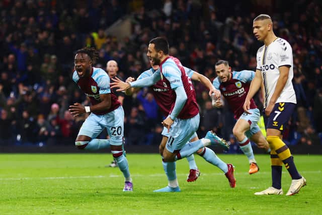 Maxwel Cornet celebrates Burnley’s late winner against Everton. Picture: Clive Brunskill/Getty Images