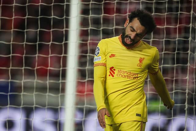 Mo Salah frustrated during Liverpool’s win over Benfica. Picture: CARLOS COSTA/AFP via Getty Images