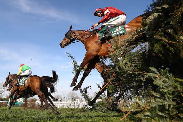 APRIL 06: Davy Russell riding Tiger Roll (R) clears Canal Turn on his way to winning the 2019 Randox Health Grand National at Aintree Racecourse