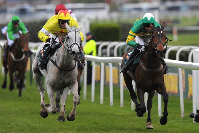 Neptune Collonges ridden by Daryl Jacob (L) crosses the finish line with Sunnyhillboy ridden by Richie McLernon on its way to winning the Grand National horse race at Aintree Racecourse in Liverpool, north-west England on April 14, 2012. (Photo credit should read ANDREW YATES/AFP via Getty Images)