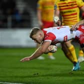 Joey Lussick of St Helens in action against Catalans Dragons earlier this season. Photo: Gareth Copley/Getty Images